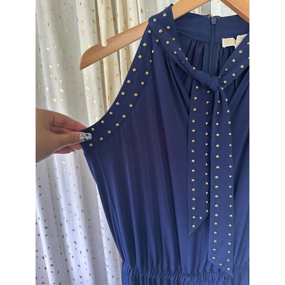Michael Kors Navy Embellished Studded Trim Front Tie Neck Classy Jumpsuit XS 2 - Picture 6 of 10